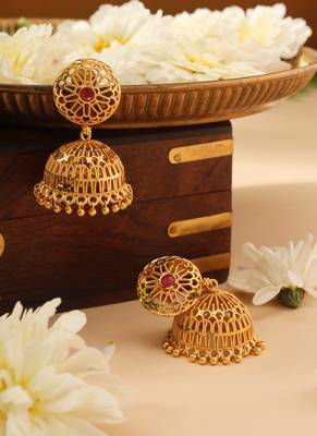 Gold Jhumkas with Pink Stone Accent 2