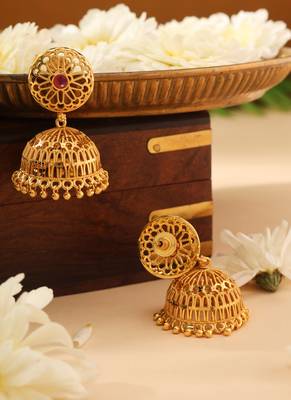 Gold Jhumkas with Pink Stone Accent 3