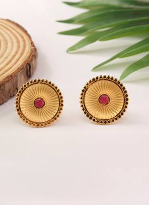 Gold Studs with Circular Design and Pink Stone 3
