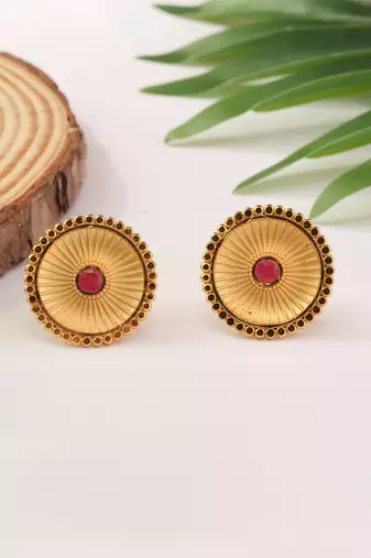 Gold Studs with Circular Design and Pink Stone