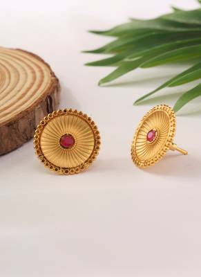 Gold Studs with Circular Design and Pink Stone 4
