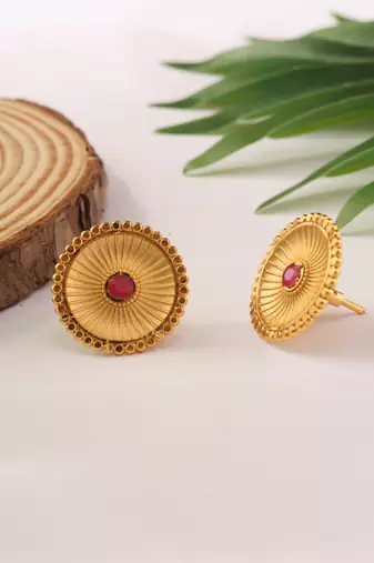 Gold Studs with Circular Design and Pink Stone