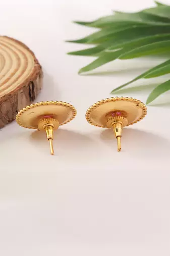 Gold Studs with Circular Design and Pink Stone