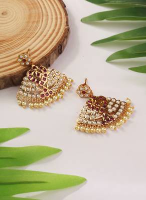 Gold Dangler Earrings with White and Red Stones 1