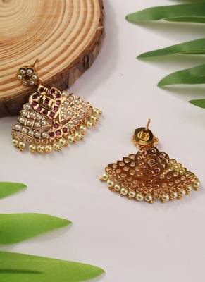 Gold Dangler Earrings with White and Red Stones 2