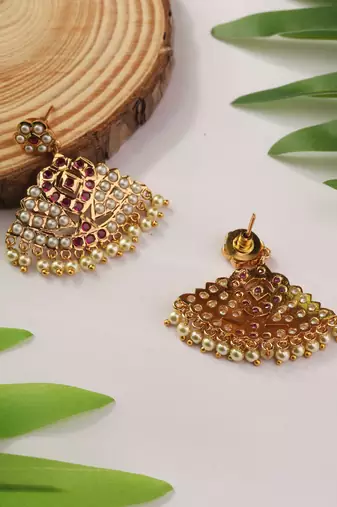 Gold Dangler Earrings with White and Red Stones