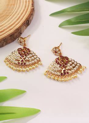 Gold Dangler Earrings with White and Red Stones 3