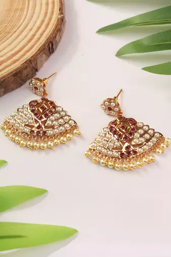 Gold Dangler Earrings with White and Red Stones