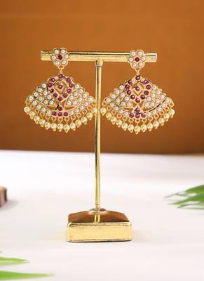 Gold Dangler Earrings with White and Red Stones 4