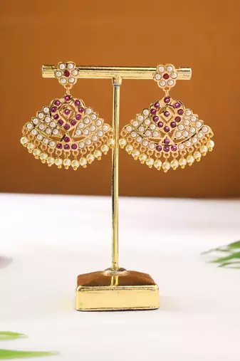 Gold Dangler Earrings with White and Red Stones