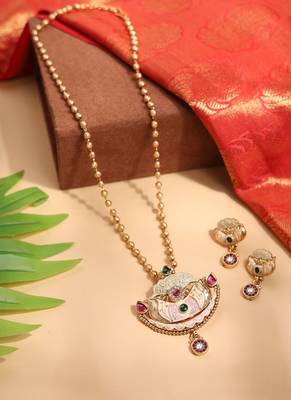 Gold Ball Chain with Antique Gold Multicolor Pendant 2