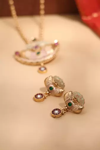Gold Ball Chain with Antique Gold Multicolor Pendant