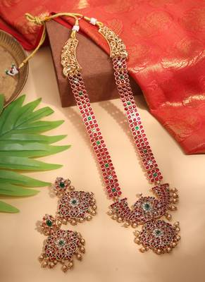 Long Gold Necklace Set with Red and Green Stones 1