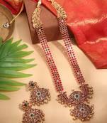 Long Gold Necklace Set with Red and Green Stones