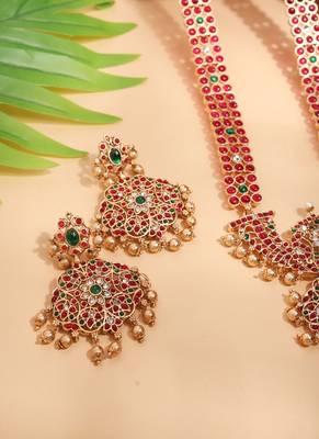 Long Gold Necklace Set with Red and Green Stones 2