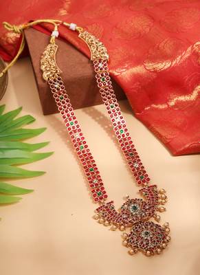 Long Gold Necklace Set with Red and Green Stones 3