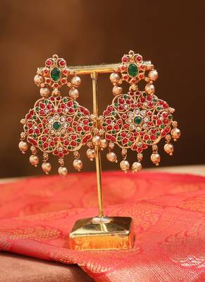 Long Gold Necklace Set with Red and Green Stones 4
