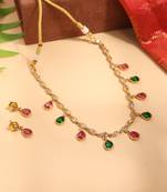 Delicate Gold Necklace Set with Red and Green Drop Stones