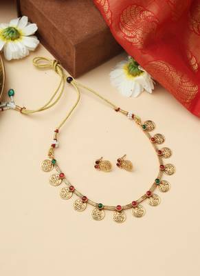 High Gold Necklace Set with Dangling Coins and Matching Earrings 1
