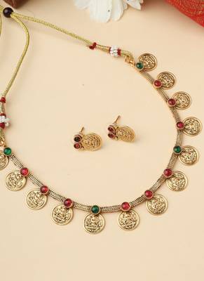 High Gold Necklace Set with Dangling Coins and Matching Earrings 2