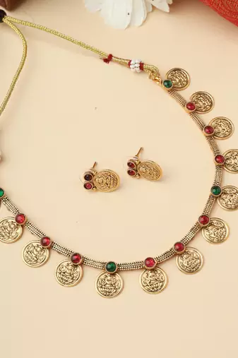 High Gold Necklace Set with Dangling Coins and Matching Earrings