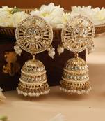 Kundan Jhumkas with White Beads and Gold Detailing