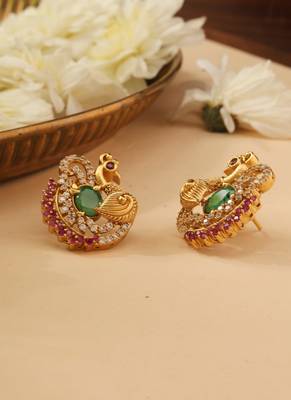 Gold Studs with American Diamonds and Multicolor Stones 2
