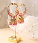 Gold Hoops with Jhumkas and Pink Bead Accents