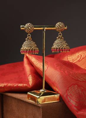 High Gold Necklace Set with Pink Stones and Matching Jhumkas 3