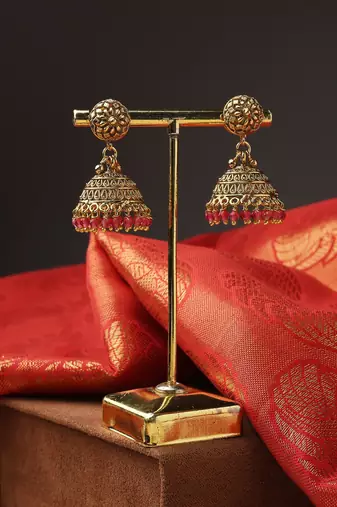 High Gold Necklace Set with Pink Stones and Matching Jhumkas