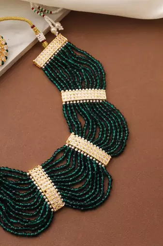 Green Beads Necklace Set with Gold Accents