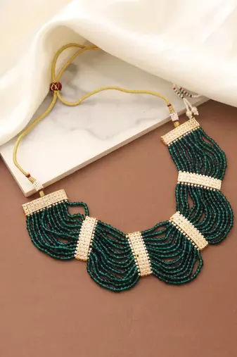 Green Beads Necklace Set with Gold Accents