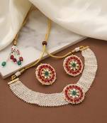 White Choker Set with Red Gold Pendant and Matching Earrings