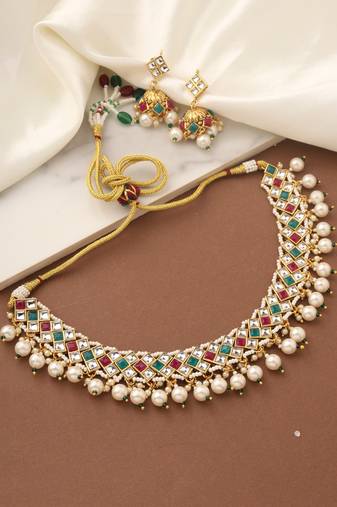 Multicolor Gold Choker Set with Pearls