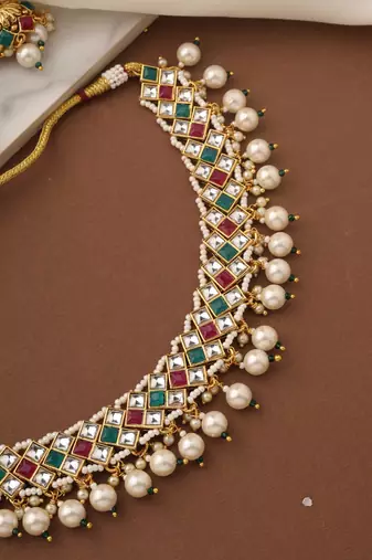 Multicolor Gold Choker Set with Pearls