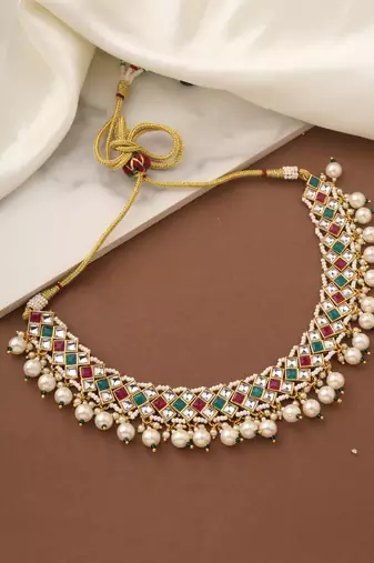 Multicolor Gold Choker Set with Pearls