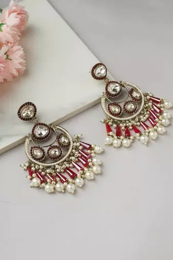 Red and White Accent Chandbali American Diamond Earrings