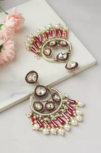 Red and White Accent Chandbali American Diamond Earrings