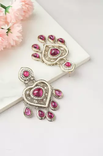 Pink Stone and White Accent Heart American Diamond Earrings