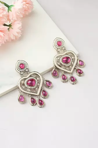 Pink Stone and White Accent Heart American Diamond Earrings