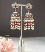 Gold Jhumkas with Red and White Rice Pearls