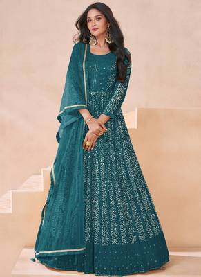 Turquoise faux georgette embroidered anarkali suit semi stitched 1