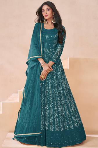 Turquoise faux georgette embroidered anarkali suit semi stitched