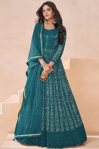 Turquoise faux georgette embroidered anarkali suit semi stitched