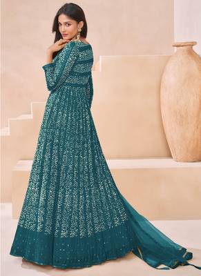 Turquoise faux georgette embroidered anarkali suit semi stitched 2