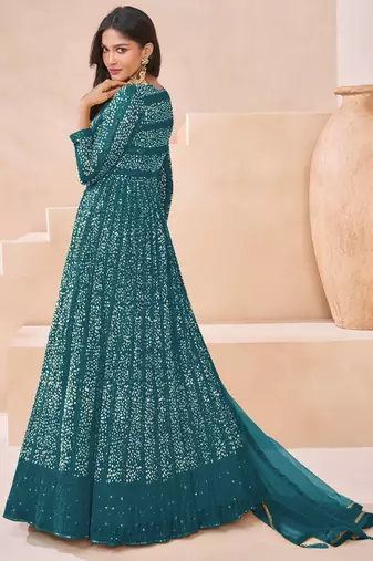 Turquoise faux georgette embroidered anarkali suit semi stitched