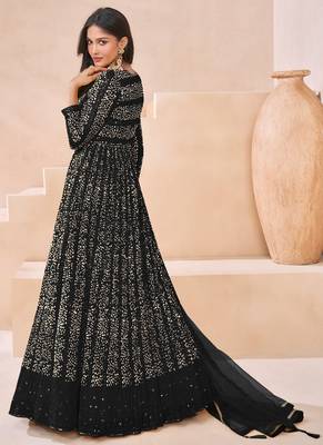 Black faux georgette embroidered anarkali suit semi stitched 2