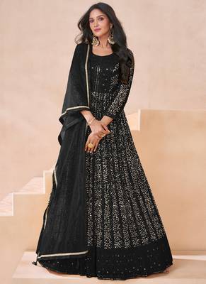 Black faux georgette embroidered anarkali suit semi stitched 1