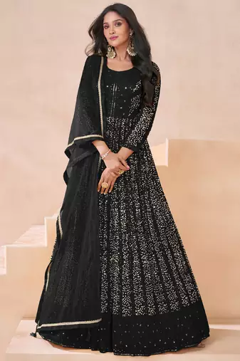 Black faux georgette embroidered anarkali suit semi stitched