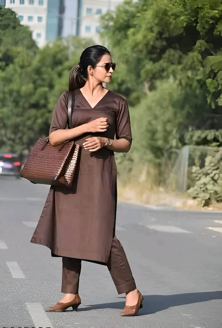 Rayon coffee color solid kurti with pant